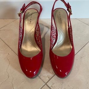 Tahari Red Patent Leather Slingback Platform Pumps